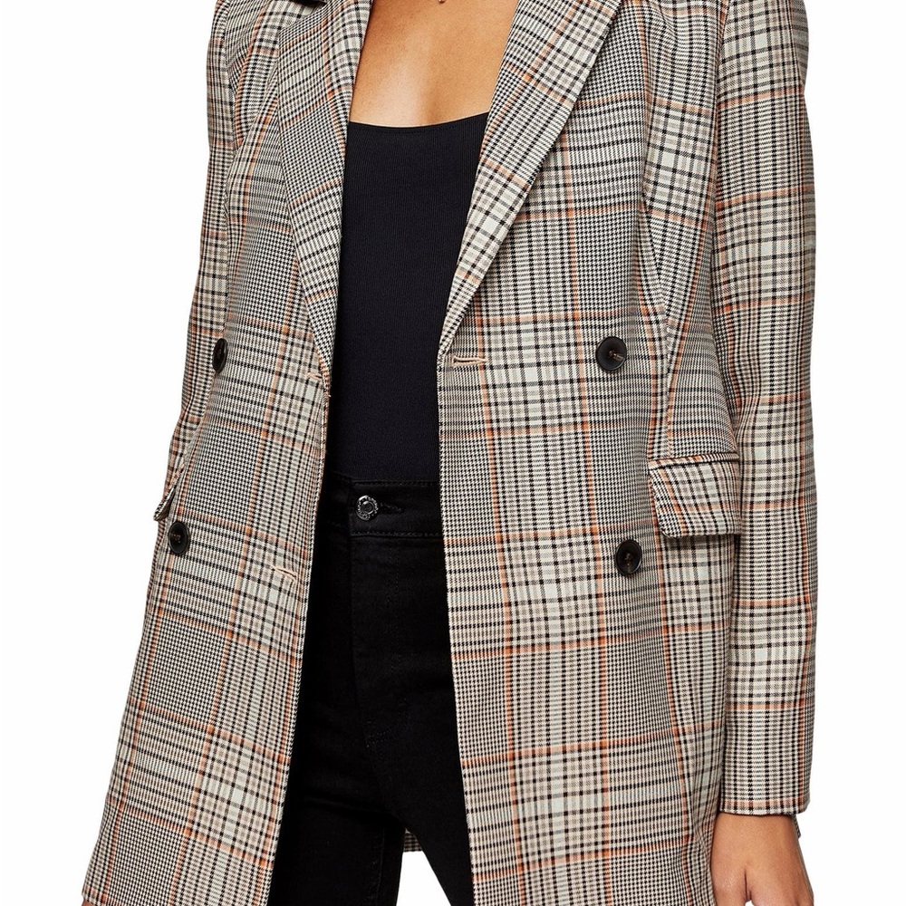 Topshop Plaid Double-Breasted Blazer in Black, Beige & Brown